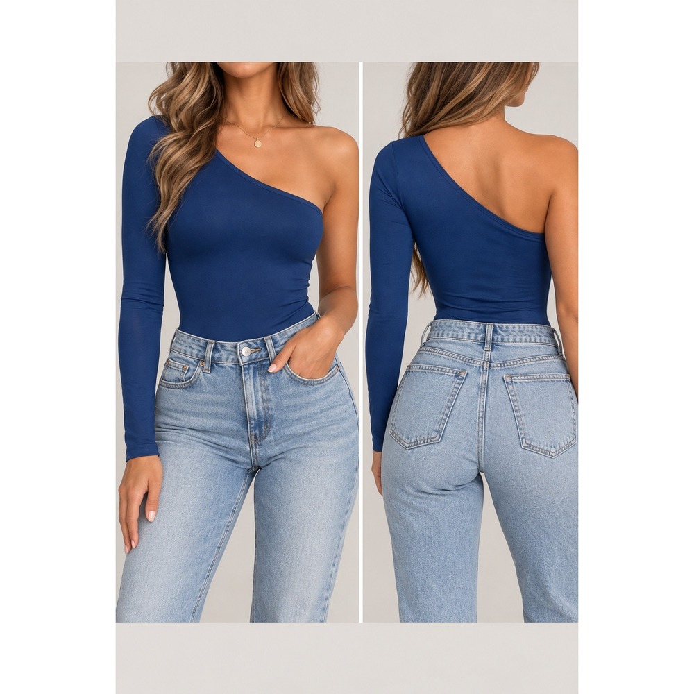 PrettyLittleThing Blue One Shoulder Long Sleeve Bodysuit US 2